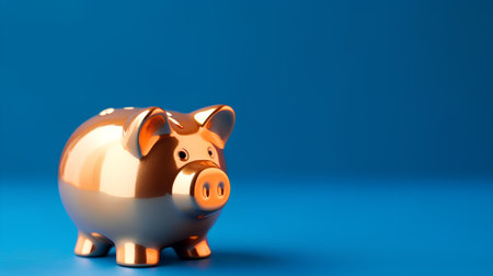 Golden piggy bank on blue background. 3d illustration. Copy space.の素材