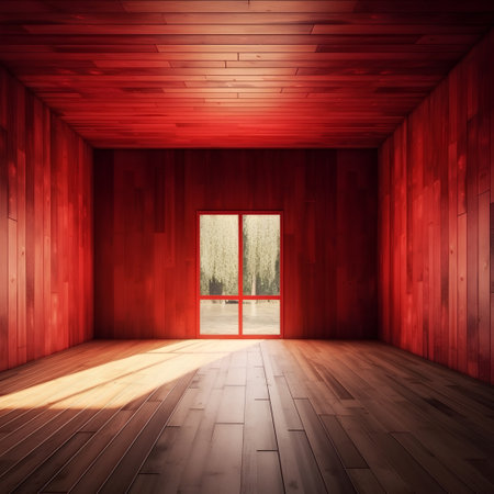Empty room with wooden floor and red wall. 3d render.の素材