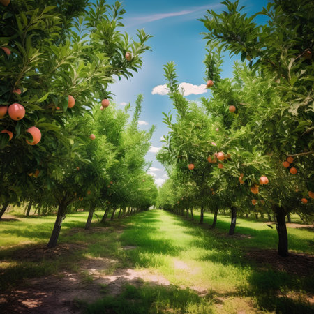 Orchard with pomegranate trees and ripe fruits on a sunny dayの素材