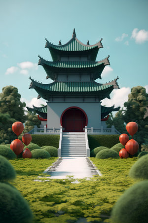 chinese temple in garden with stairway and red balloons - 3d renderingの素材