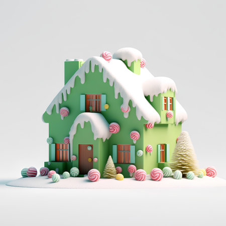 Christmas gingerbread house with snow and lollipops. 3D renderingの素材