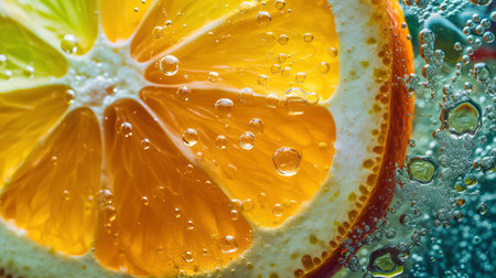 Slices of orange and lemon in water with bubbles close upの素材