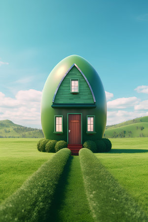 Green house on green meadow and blue sky. 3d renderの素材