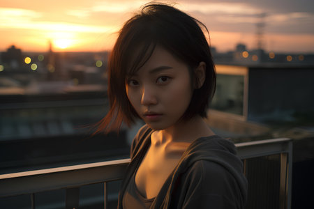 Portrait of a beautiful young asian woman on the balcony at sunsetの素材