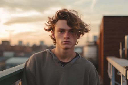 Portrait of a handsome young man with long curly hair at sunsetの素材