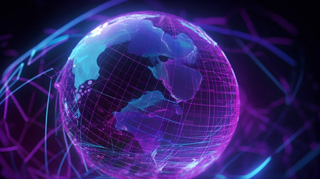 3D illustration of a world map with glowing lines and continents.の素材