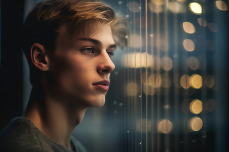 Portrait of a handsome young man with blond hair and blue eyesの素材
