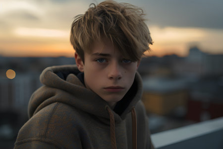 Portrait of a handsome young man with blond hair in a hood on the background of the cityの素材