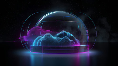 3d render, abstract background with neon glowing sphere, wireframe illustrationの素材