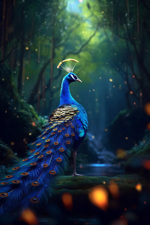 Peacock in the forest. 3D rendering, 3d illustration.の素材