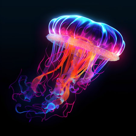 Jellyfish in neon light on black background. Vector illustration.の素材
