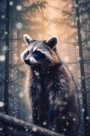 Raccoon in winter forest. Wildlife scene. Filtered image processed vintage effect.の素材