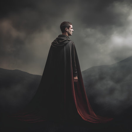 Rear view of a handsome young man in a black cloak with a red cape standing on the edge of a mountain and looking awayの素材