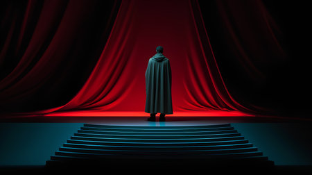 3d rendering of a silhouette of a man in a long cloak standing on a dark stage with red curtainsの素材