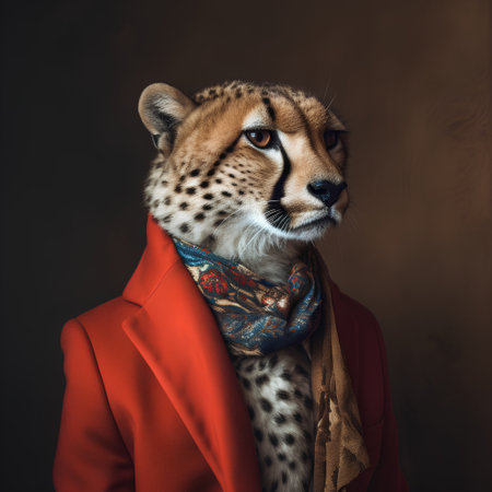 Portrait of a cheetah in a red coat with a scarf.の素材