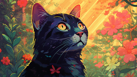 Vector illustration of a cute black cat on the background of flowers.の素材