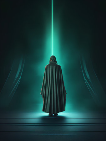 3D render of a beautiful religious figure in a dark room with green light.の素材