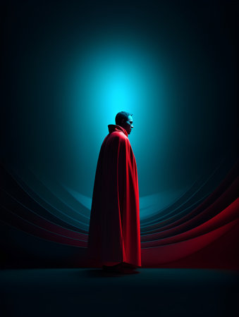 Man in red cloak on a dark background. 3d rendering.の素材