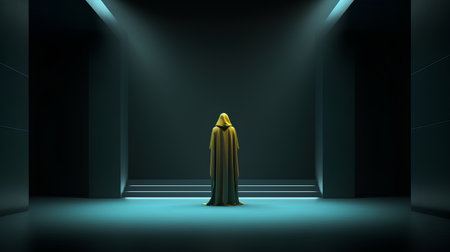 3d rendering of a dark corridor with a woman in a long dressの素材