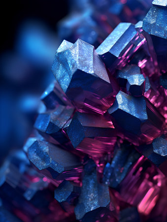3d illustration of blue and purple crystals close-up on a dark backgroundの素材