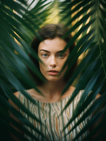 Portrait of a beautiful young woman among palm leaves. Natural beauty.の素材