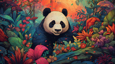 cartoon scene with panda bear in the forest illustration for childrenの素材