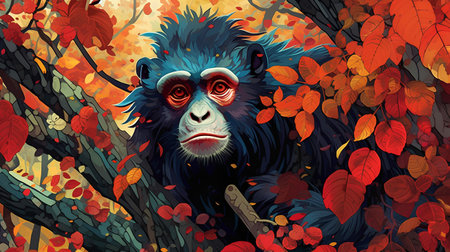Chimpanzee on the background of autumn forest. Vector illustrationの素材
