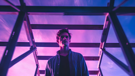 Portrait of a young man in a neon light against a background of a metal structureの素材
