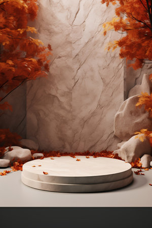 Autumn scene with marble podium and autumn leaves. 3d renderの素材