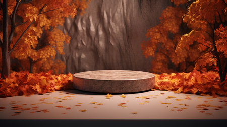 Autumn scene with round podium and fallen leaves. 3d renderの素材