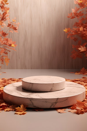 3d render of podium for product display with autumn leaves background.の素材