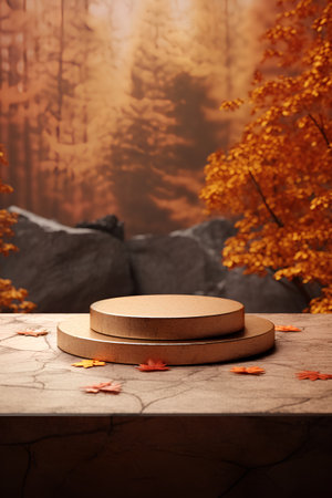 Wooden podium on the background of autumn forest. 3d renderの素材
