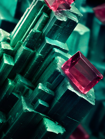 abstract background made of ice cubes in green and red tones.の素材