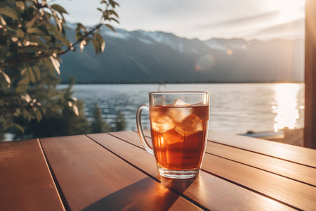 A glass of ice tea on the background of mountains and lake.の素材