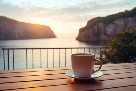 Coffee cup on wooden table with sea view at sunset.の素材