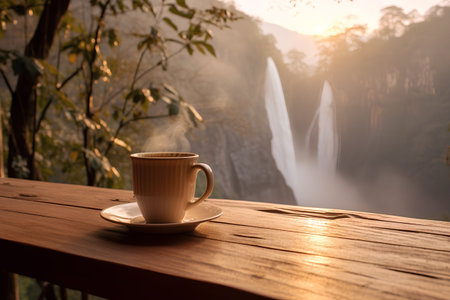 Coffee cup on wooden table with waterfall background at morning.の素材