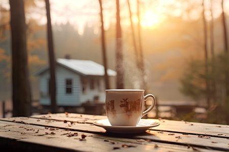 Cup of coffee on a wooden table in the forest at sunsetの素材