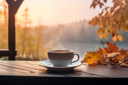 Cup of coffee on the wooden table with autumn leaves on the backgroundの素材