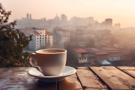 Coffee cup on wooden table with cityscape background at morningの素材
