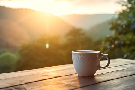 Coffee cup on wooden table with beautiful nature view background.の素材
