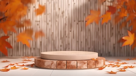 3d render of podium for display product with autumn leaves background.の素材
