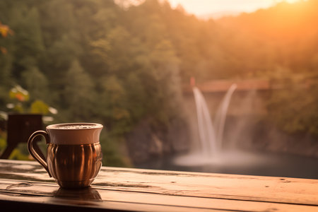 Coffee cup on wooden table in front of waterfall at sunsetの素材
