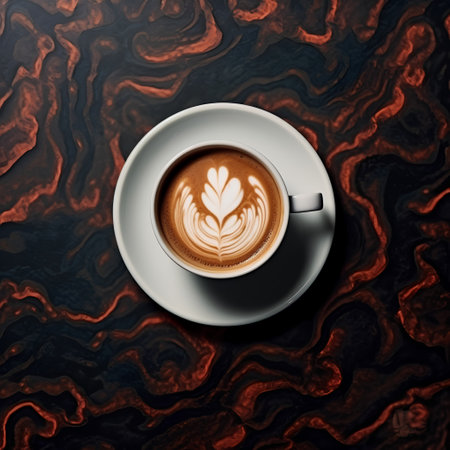 Cup of coffee with latte artle background, top viewの素材