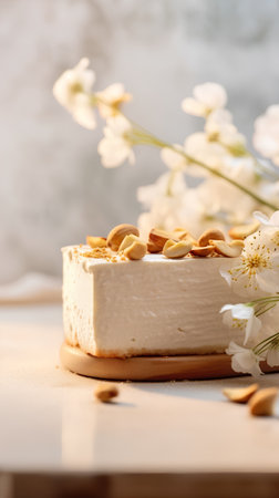 Cake with almonds and flowers on a light background. Selective focus.の素材