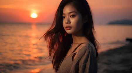 Portrait of a beautiful asian woman at the beach at sunsetの素材