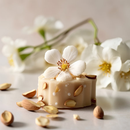 handmade soap with almonds and jasmine flowers on a light backgroundの素材