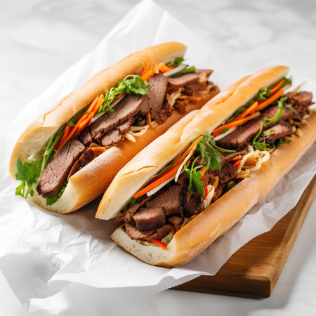 Baguette with beef and vegetables on a white background. Selective focus.の素材