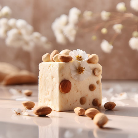 Handmade soap with nuts on a white background. Selective focus.の素材