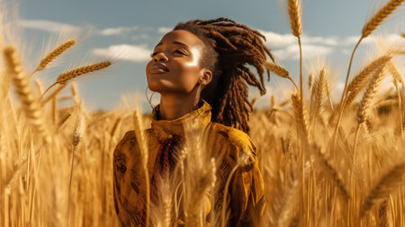 Beautiful african american woman with dreadlocks posing in wheat fieldの素材