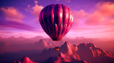 Hot air balloon flying over the mountains at sunset. 3d renderingの素材